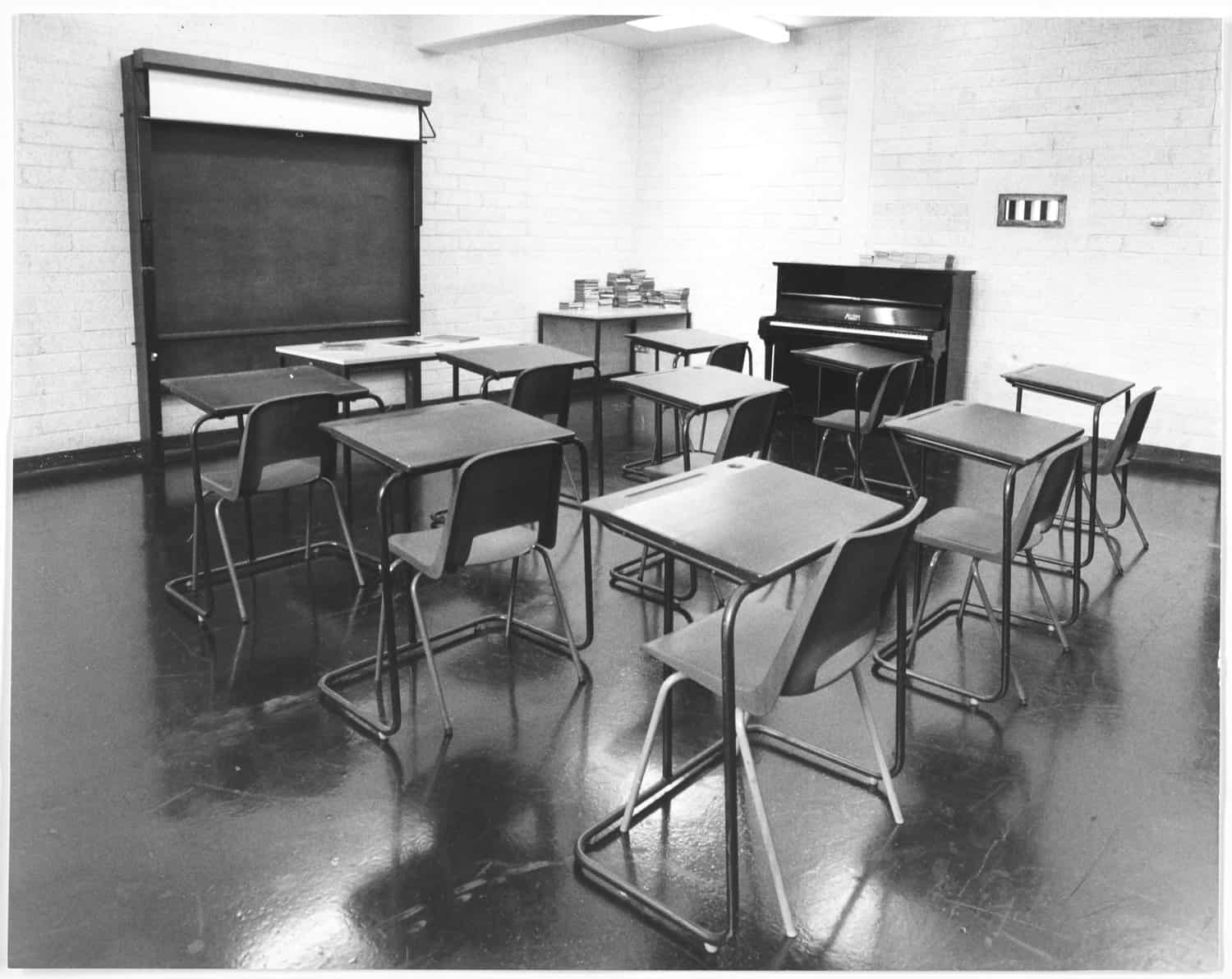 An empty H-Block classroom, 1981.