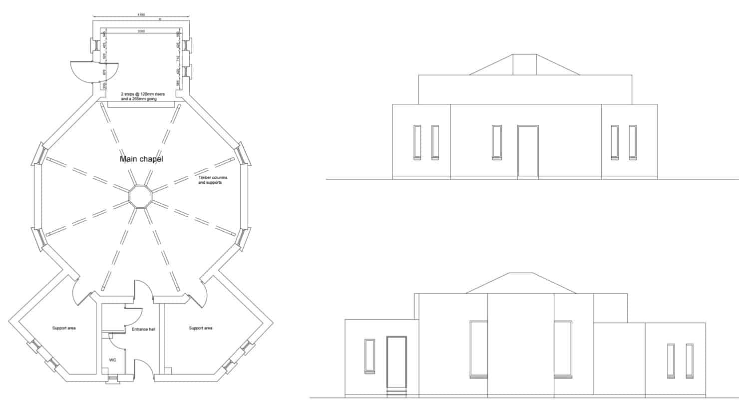 Plan and Elevations of Chapel. Archive of Steve Jensen Design